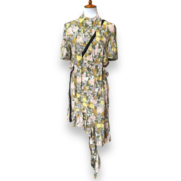 Rokh Womens Slit Frill Dress Multicolor Floral Short Sleeve Asymmetric S… - Picture 2 of 13